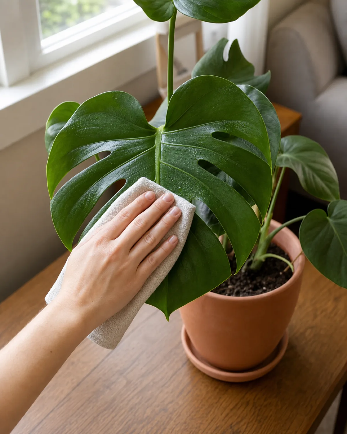 A hand wiping a houseplant leaf clean with a damp cloth, the plant sitting isolated on a table