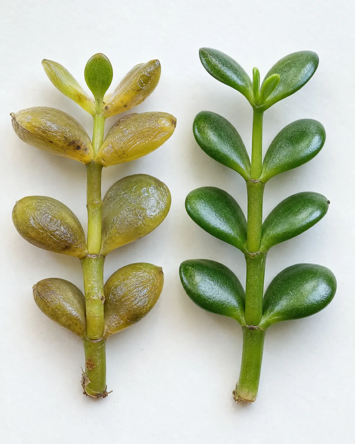 Diagnostic comparison of translucent mushy overwatered jade leaves next to firm glossy healthy jade leaves