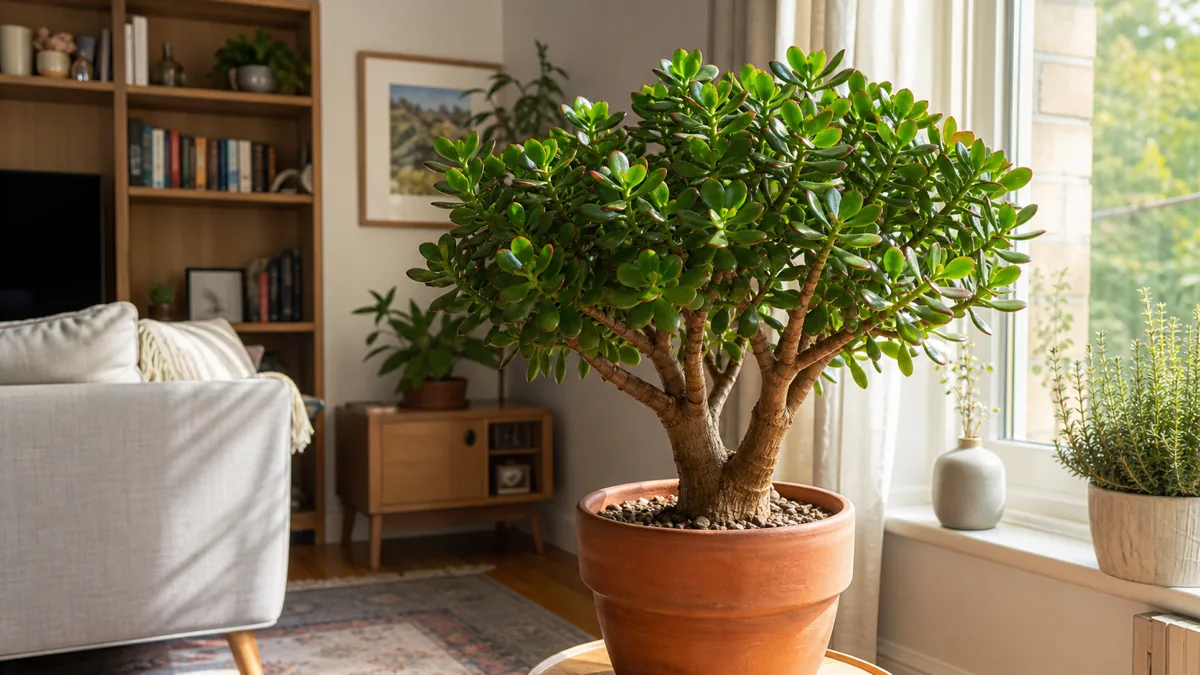 A magnificent mature jade plant with a thick woody trunk and lush canopy of glossy green oval succulent leaves in a terracotta pot on a bright sunny windowsill