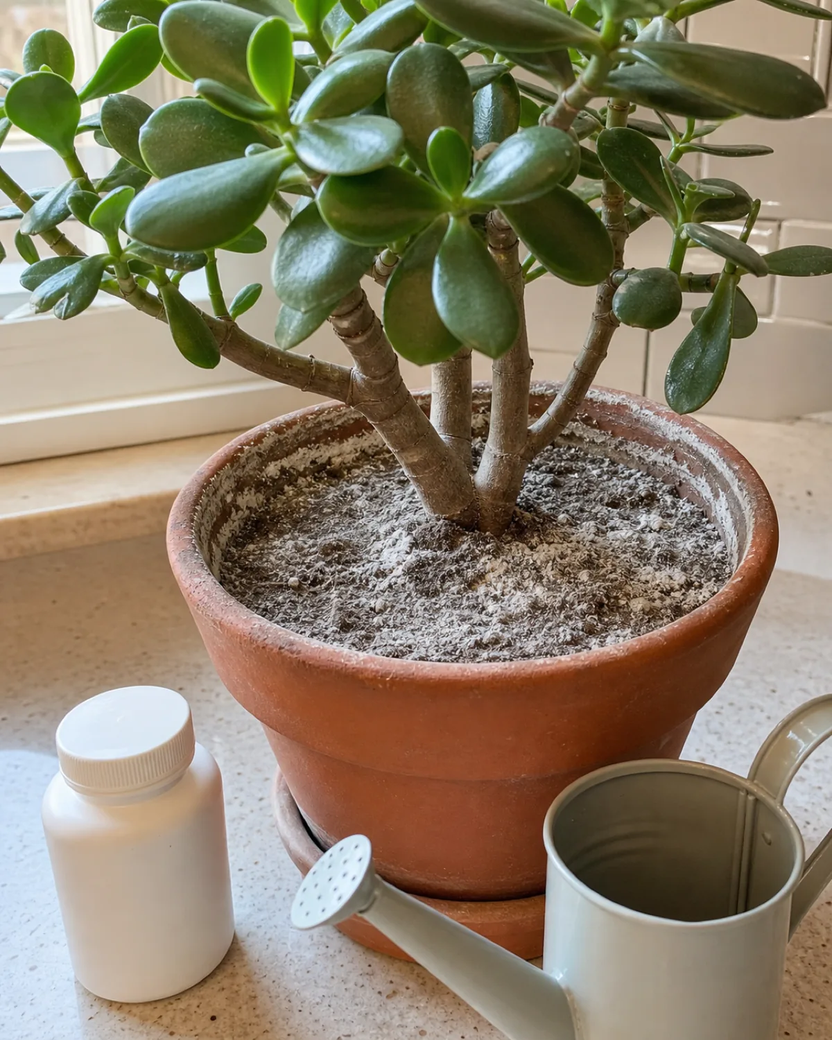 Close-up of white salt crust buildup on overfertilized jade plant soil surface with a watering can nearby