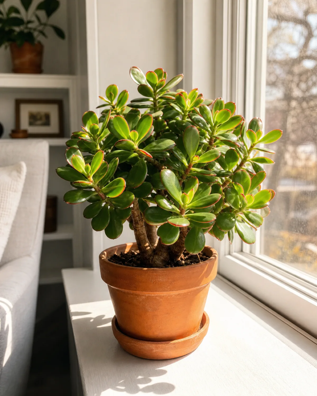 A jade plant on a south-facing windowsill receiving direct sunlight with prominent red-bronze sun stress coloring on leaf edges