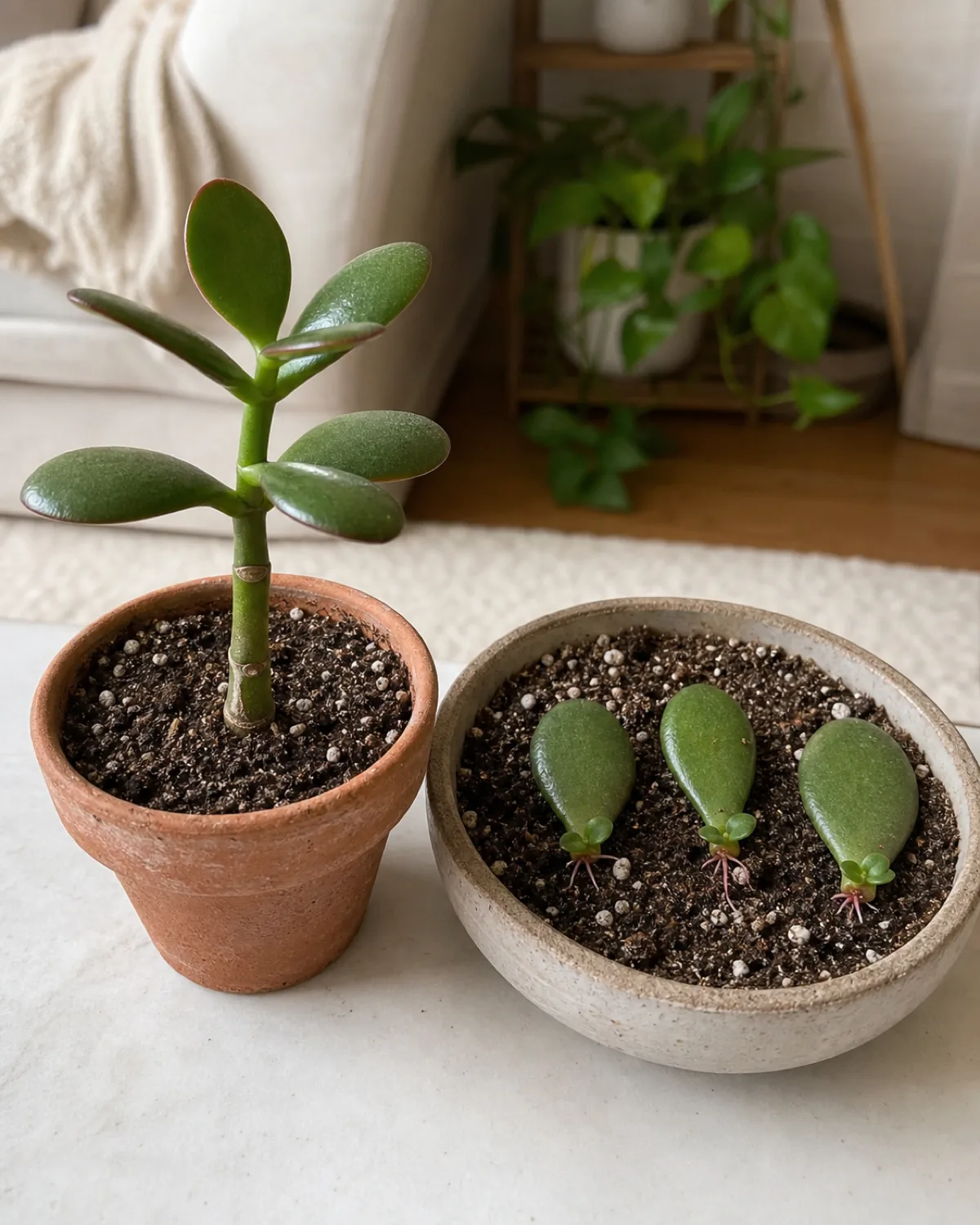 Jade plant propagation setup with a calloused stem cutting in dry soil and individual leaves on soil with tiny rosettes sprouting