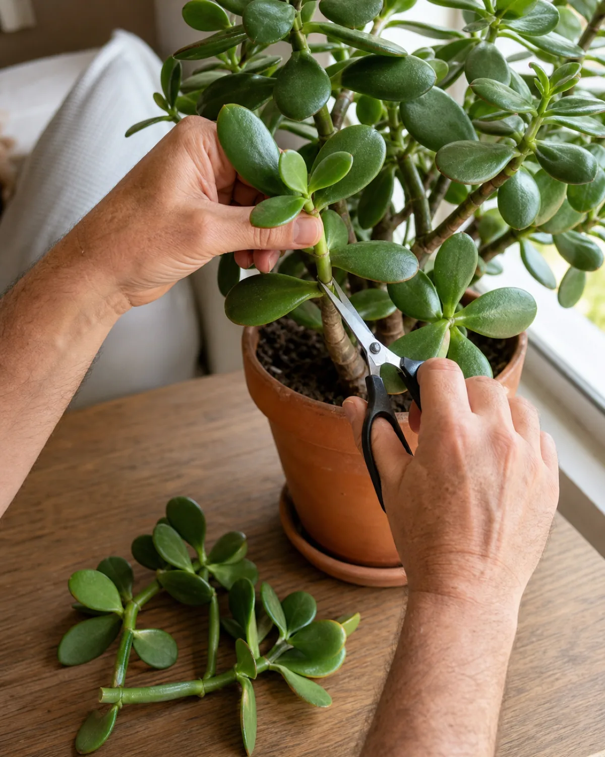 Hands pruning a jade plant stem just above a leaf node with clean scissors, showing the cut point where new branches will emerge