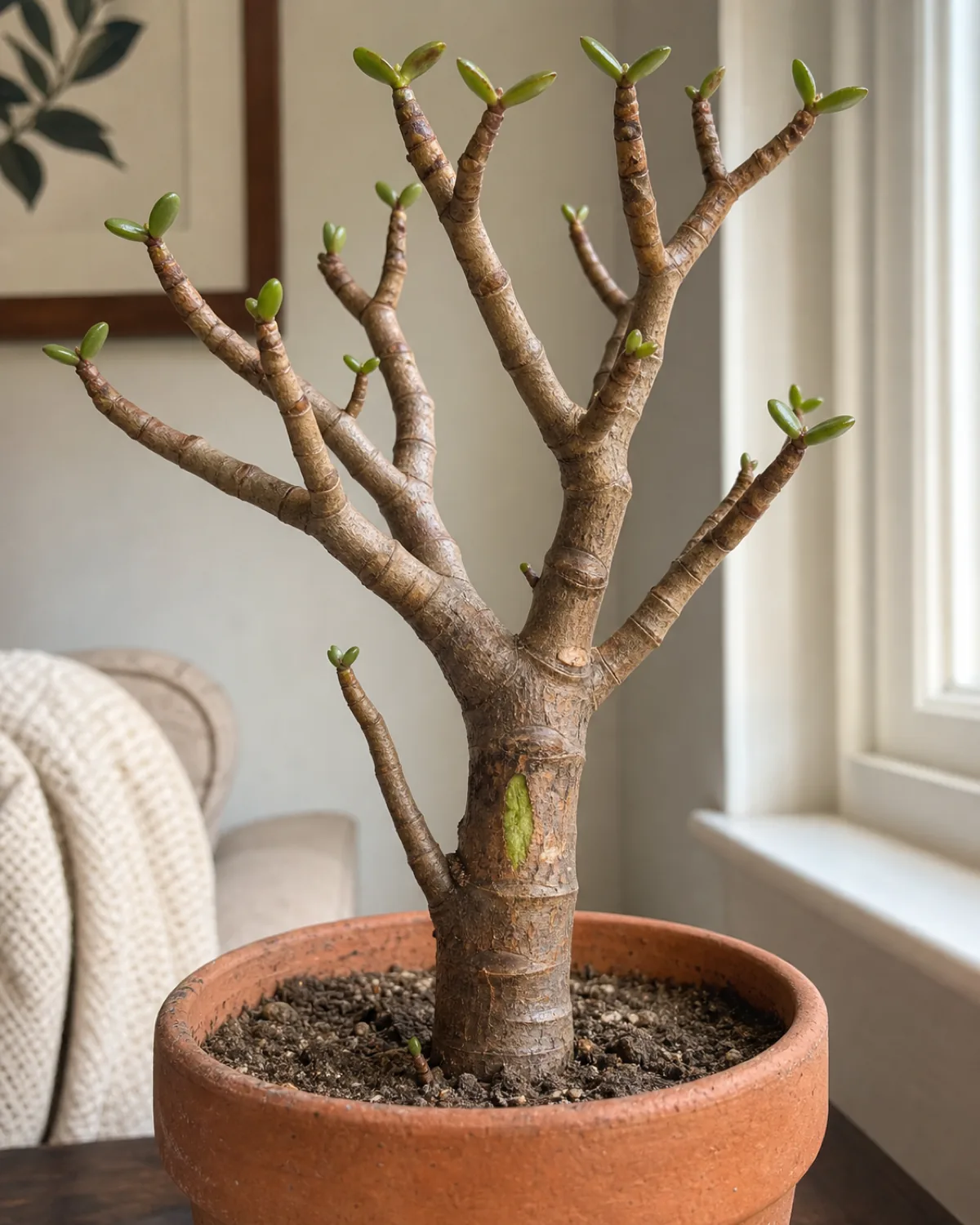 A jade plant that has dropped most of its leaves with a firm trunk showing green tissue beneath a bark scratch
