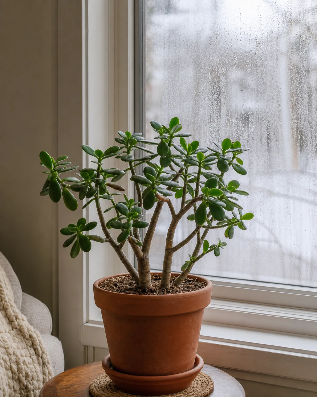 A jade plant near a slightly fogged cold window in winter, looking dormant but healthy with firm glossy leaves and dry soil
