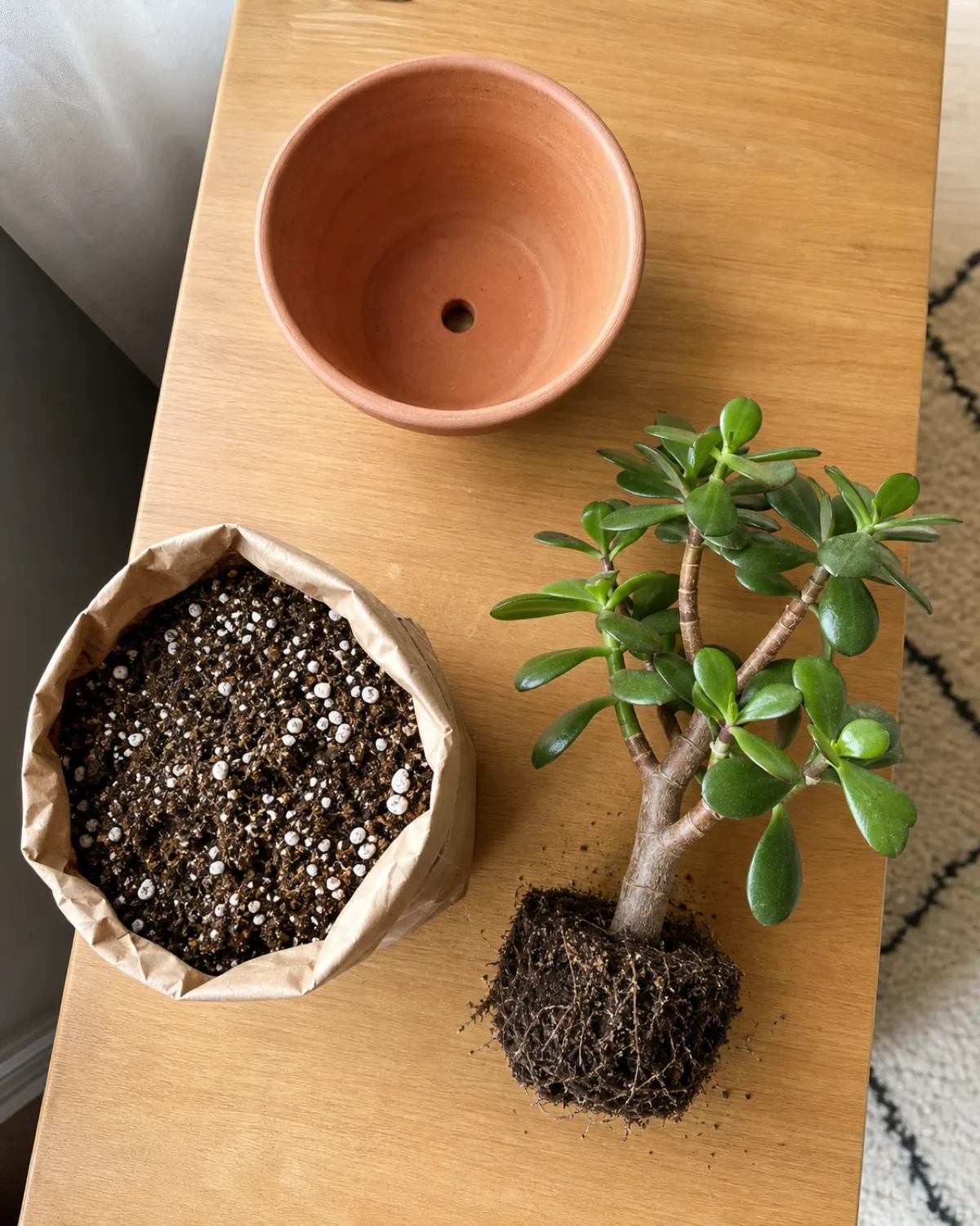 Overhead shot of jade plant repotting supplies with terracotta pot, cactus mix, perlite, and a small jade showing shallow root ball