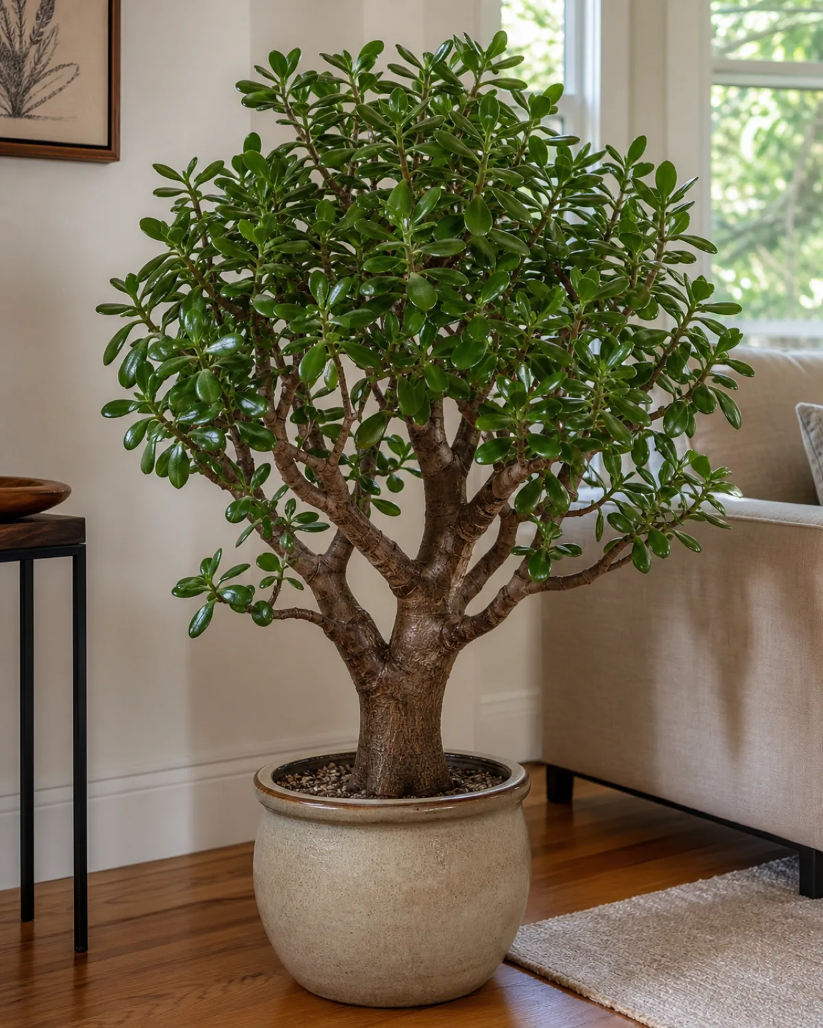 A mature jade plant with a thick trunk wider than a finger showing clearly lignified woody bark and a dense bushy canopy
