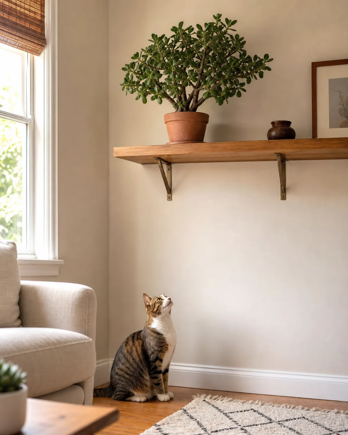 A lush jade plant on a high wooden shelf out of reach of a cat sitting on the floor below looking up at it