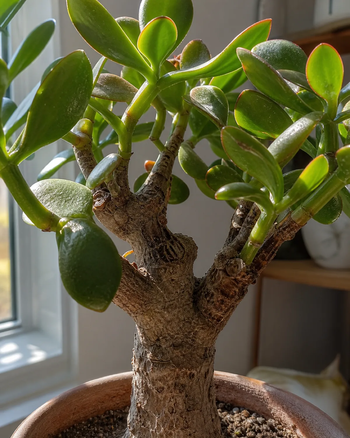 Close-up of a jade plant trunk showing thick woody bark texture transitioning to smooth green stems with plump glossy oval leaves