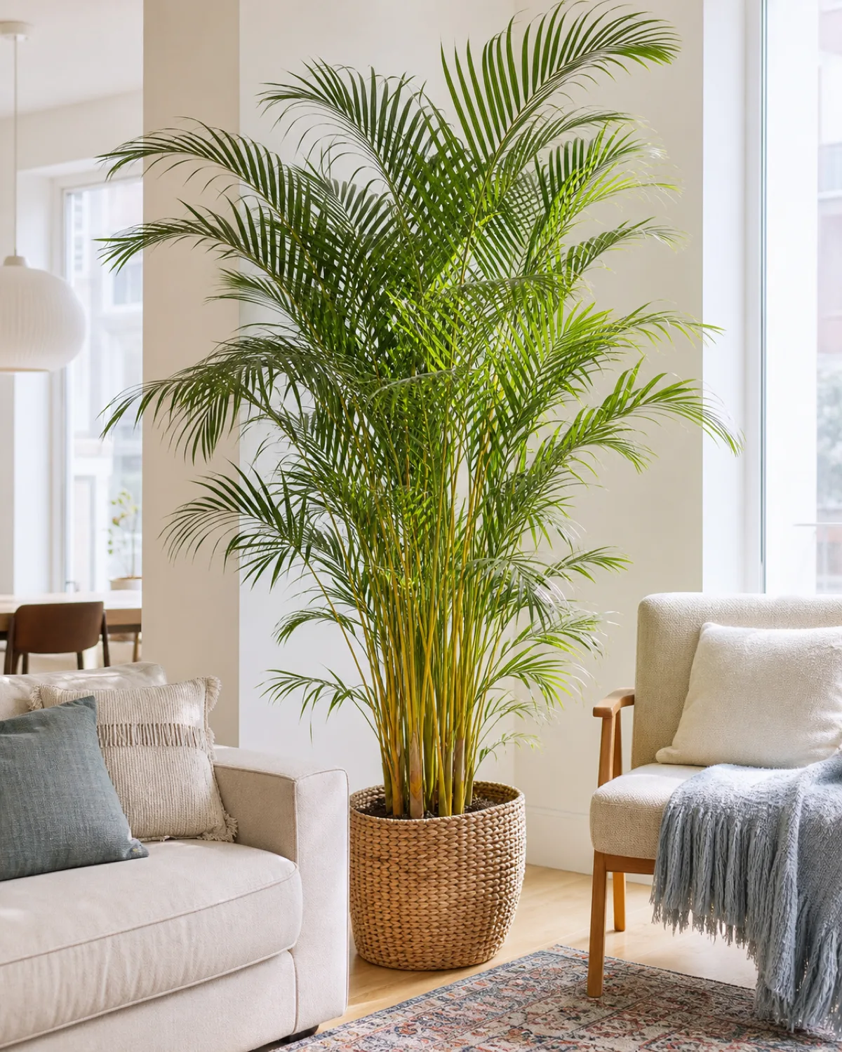 A mature areca palm about five feet tall with golden-yellow cane stems and feathery fronds in a woven basket planter positioned between a sofa and an armchair acting as a room divider