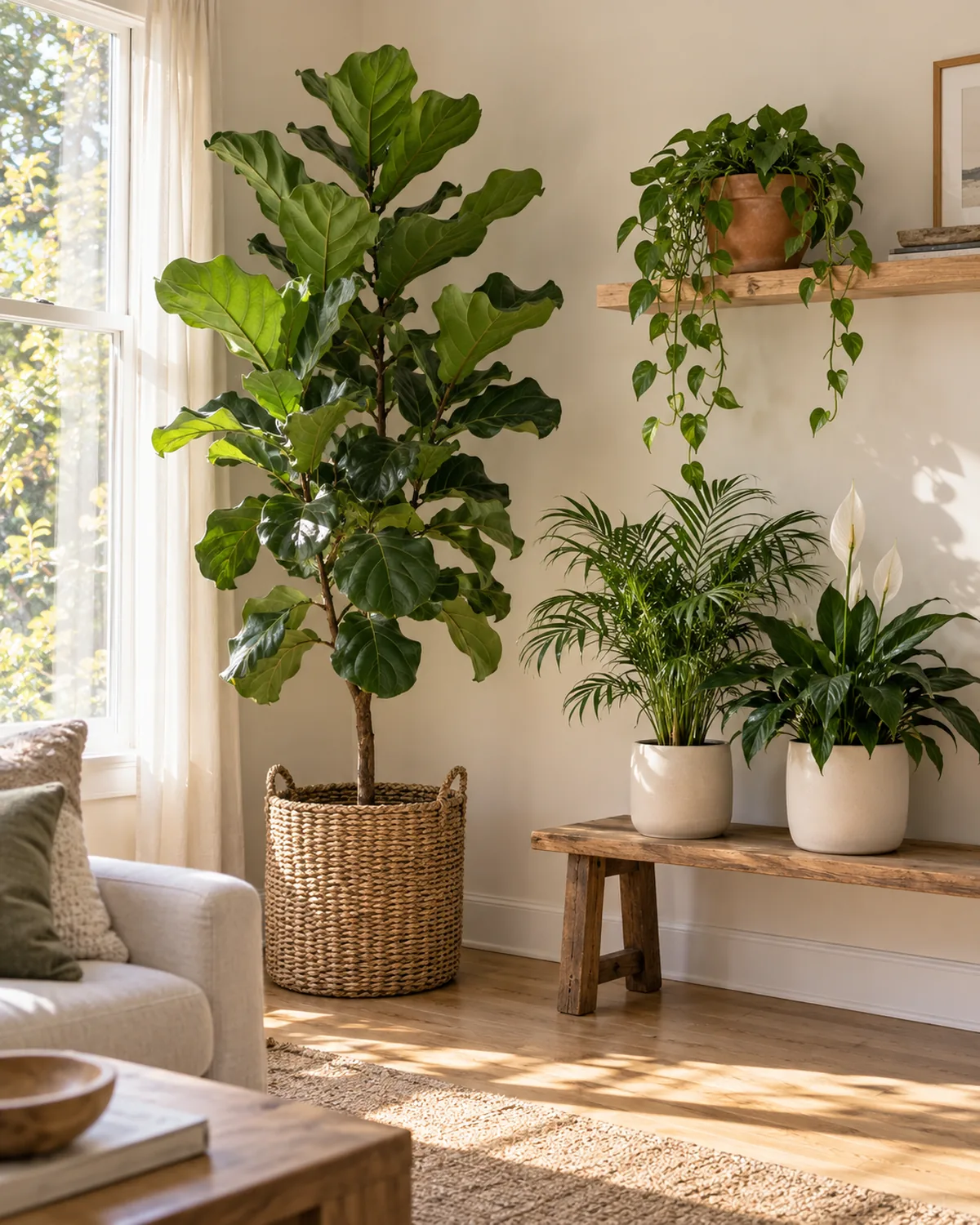 A layered living room plant corner with a tall fiddle leaf fig in a woven basket, a parlor palm and a peace lily grouped on a wooden bench, and trailing pothos in a terracotta pot on a shelf above