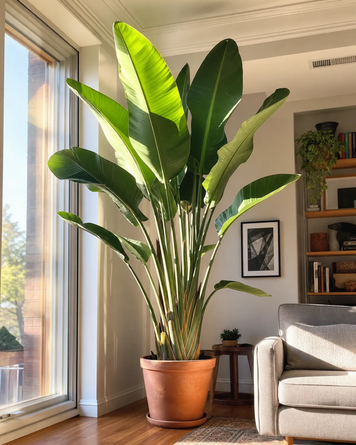 A tall white bird of paradise about six feet tall with large banana-like paddle-shaped leaves in a large terracotta pot beside a bright south-facing window in a modern living room