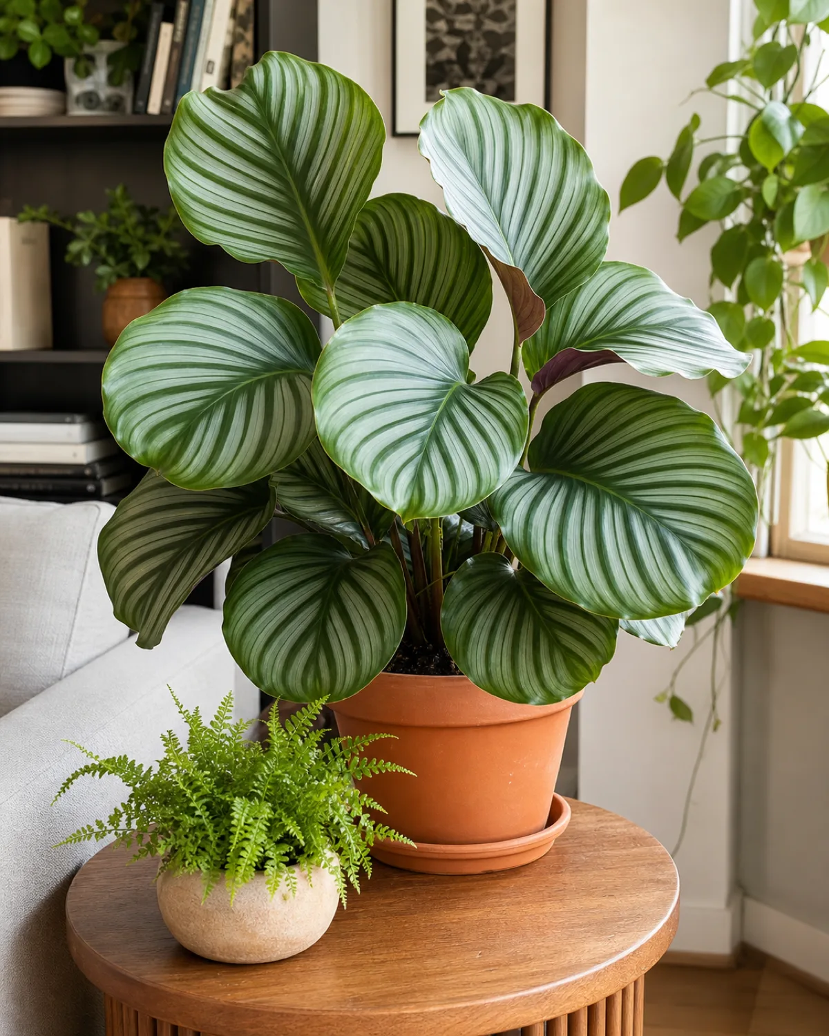 A calathea orbifolia with large round leaves displaying silvery-green stripes and deep green margins in a terracotta pot grouped with a small fern on a wooden side table