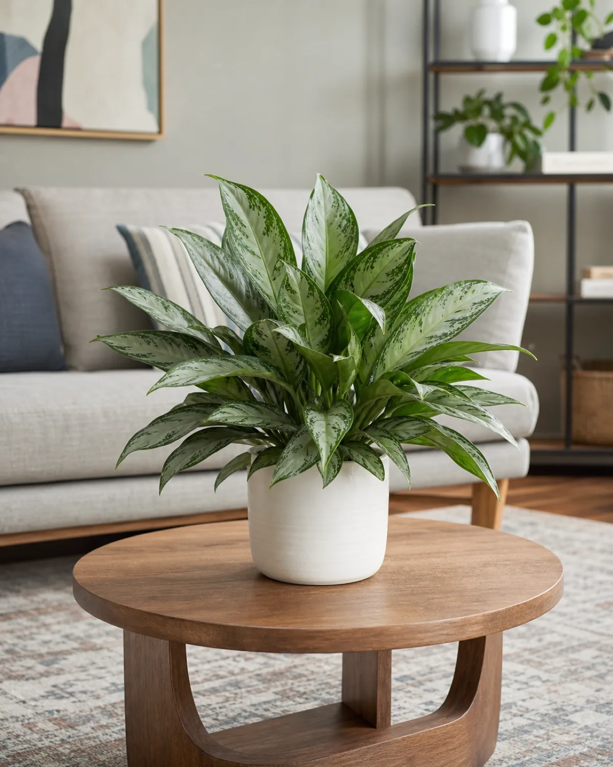 A Chinese evergreen with broad lance-shaped leaves splashed in silver and dark green variegation in a white ceramic pot on a round wooden coffee table in a modern living room