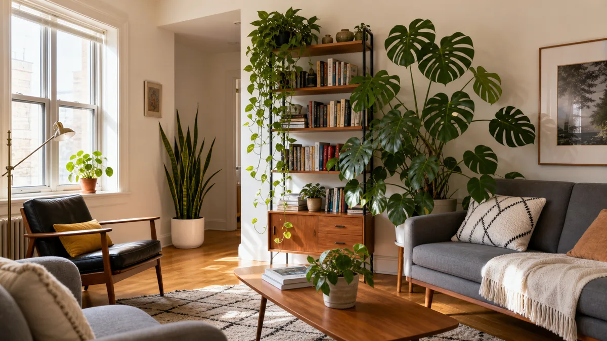 A bright modern living room with a large monstera beside a sofa, trailing pothos on a bookshelf, and a snake plant in a corner, natural afternoon light streaming through windows