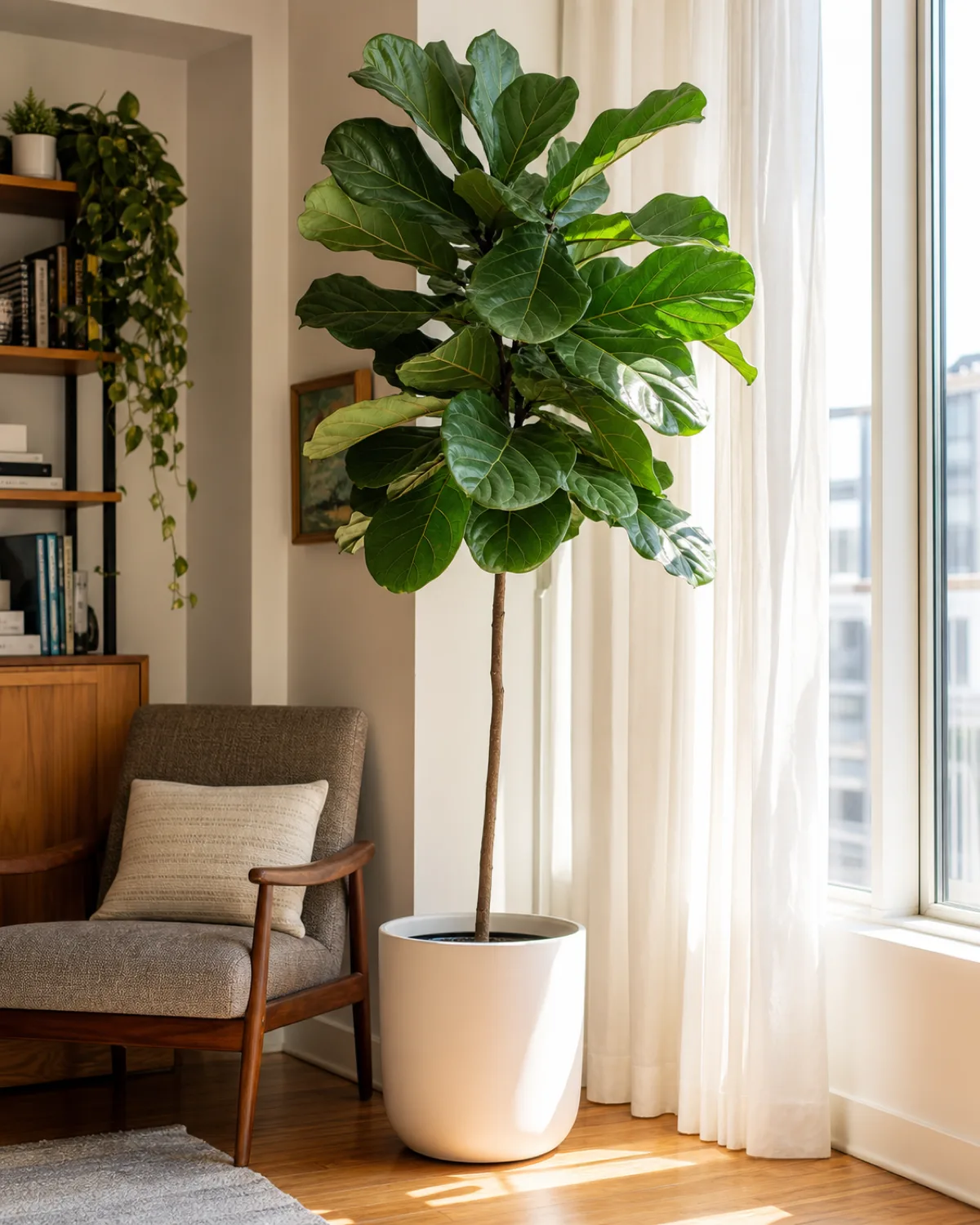 A tall fiddle leaf fig about five feet tall with a single woody trunk and large violin-shaped leaves beside a bright window with sheer curtains in a modern living room