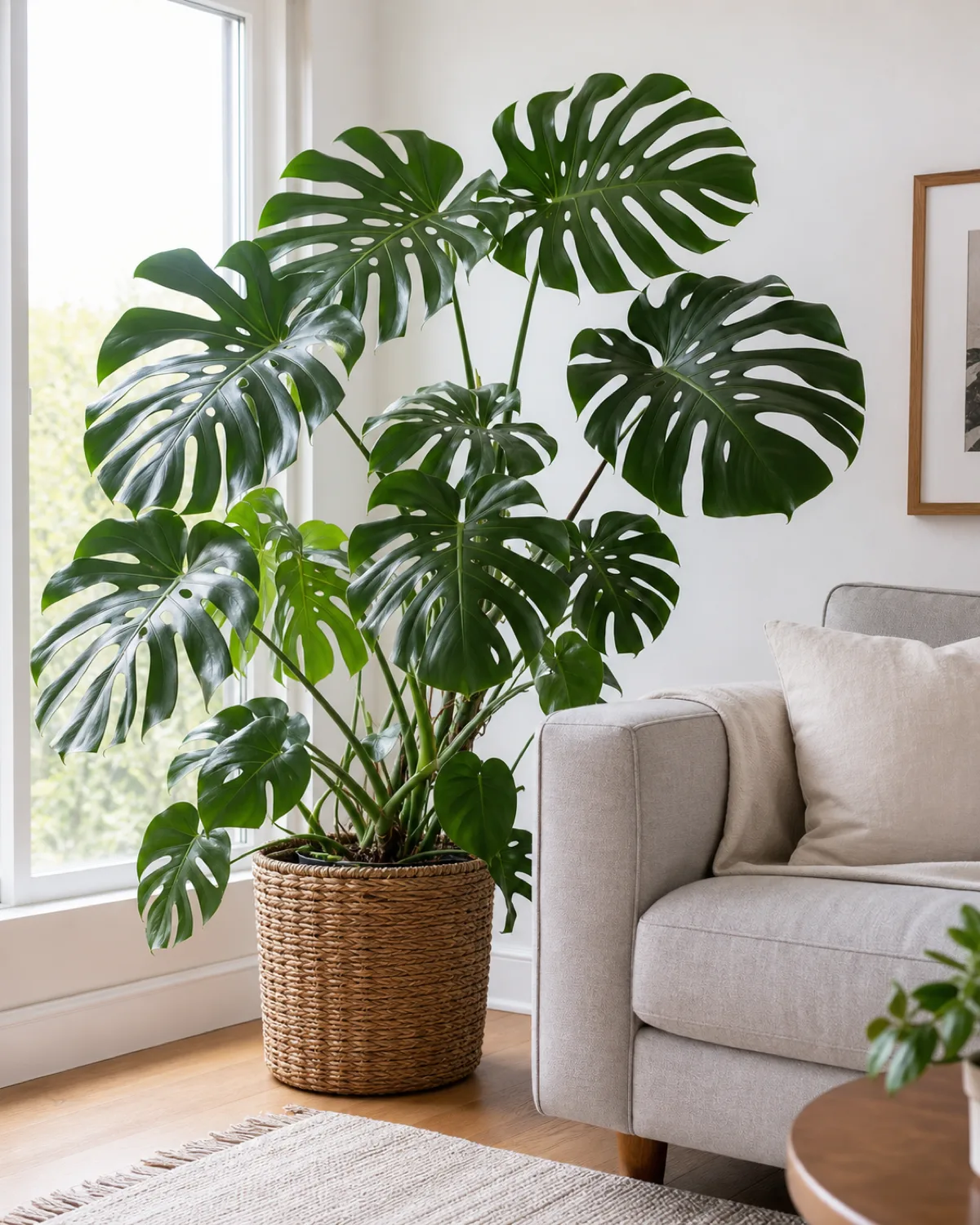 A mature monstera deliciosa with large fenestrated leaves in a woven rattan basket beside a light gray sofa in a bright modern living room