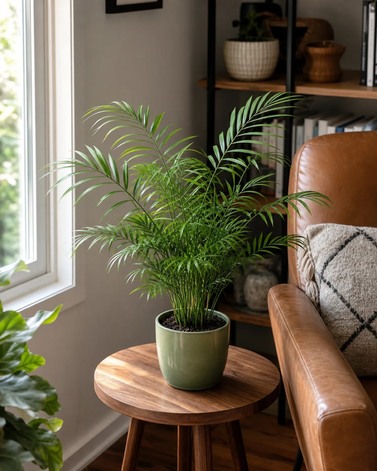 A parlor palm with delicate arching feathery fronds in a glazed sage-green ceramic pot on a round wooden side table beside a reading chair in a cozy living room