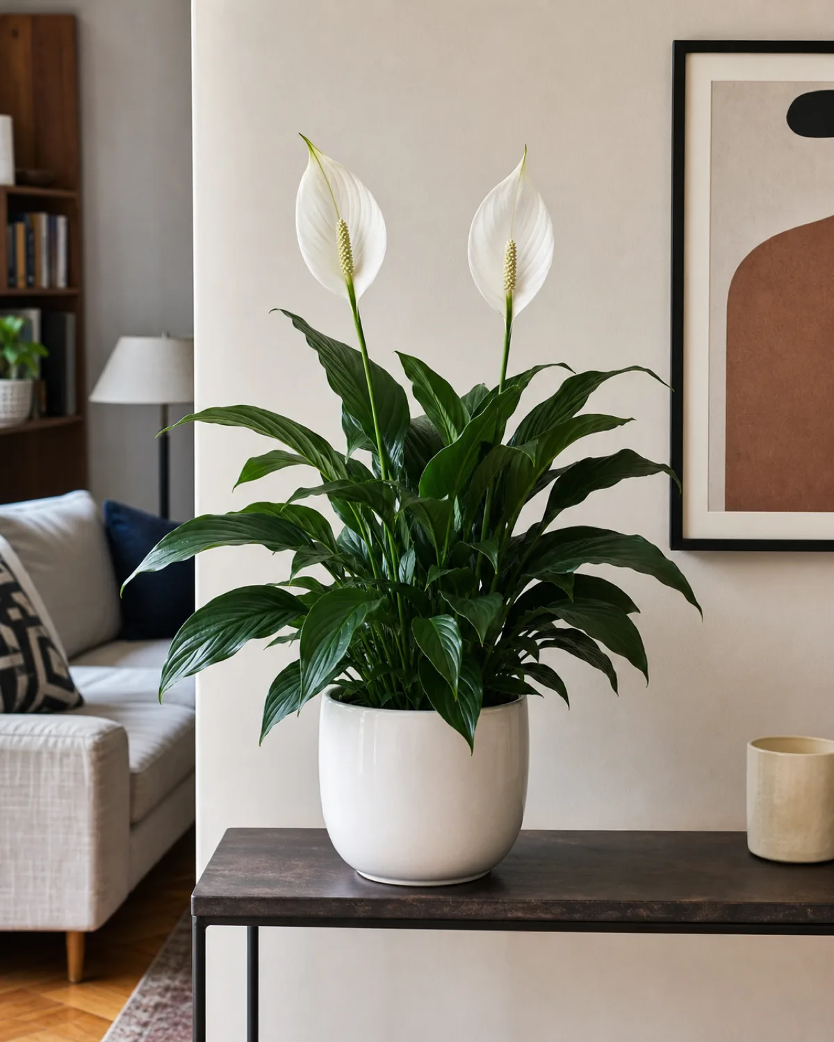 A peace lily with glossy dark green lance-shaped leaves and white spathes in bloom in a white ceramic pot on a narrow console table in a living room