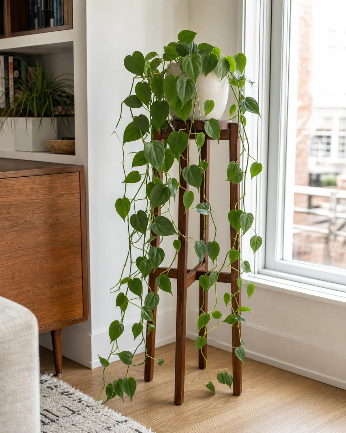 A heart-leaf philodendron with dark green velvety leaves trailing downward from a tall mid-century wooden plant stand in a bright corner of a modern living room