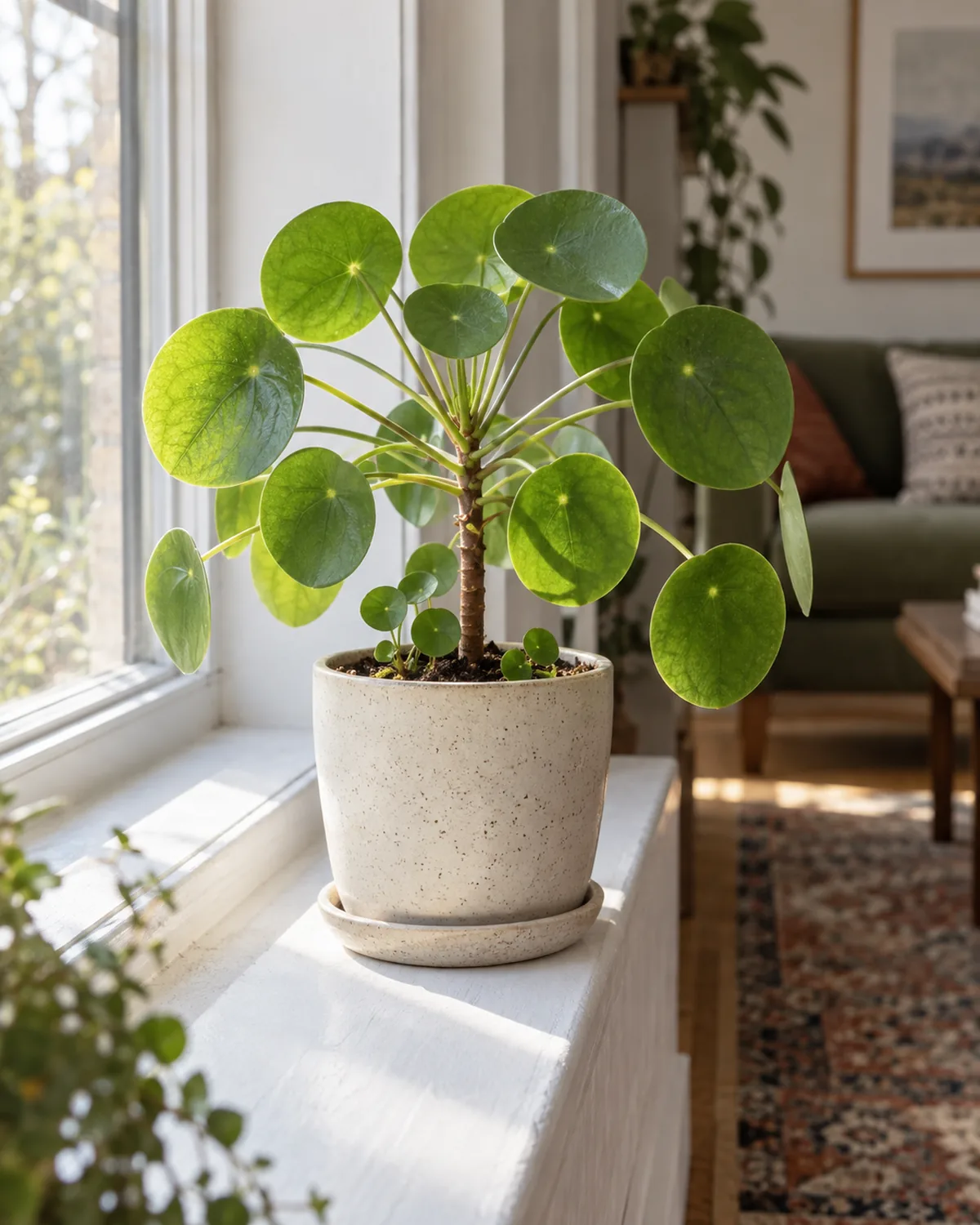 A Pilea peperomioides with round coin-shaped leaves on long stalks radiating from a single central stem, in a speckled cream pot on a sunny living room windowsill with small pups at the base