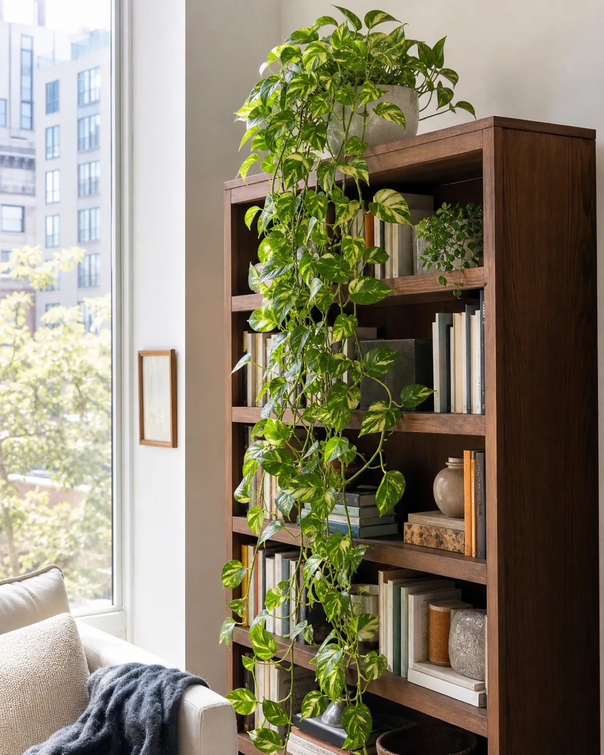 Golden pothos vines with heart-shaped variegated leaves trailing from the top of a tall wooden bookshelf, cascading past books and decorative objects in a bright living room