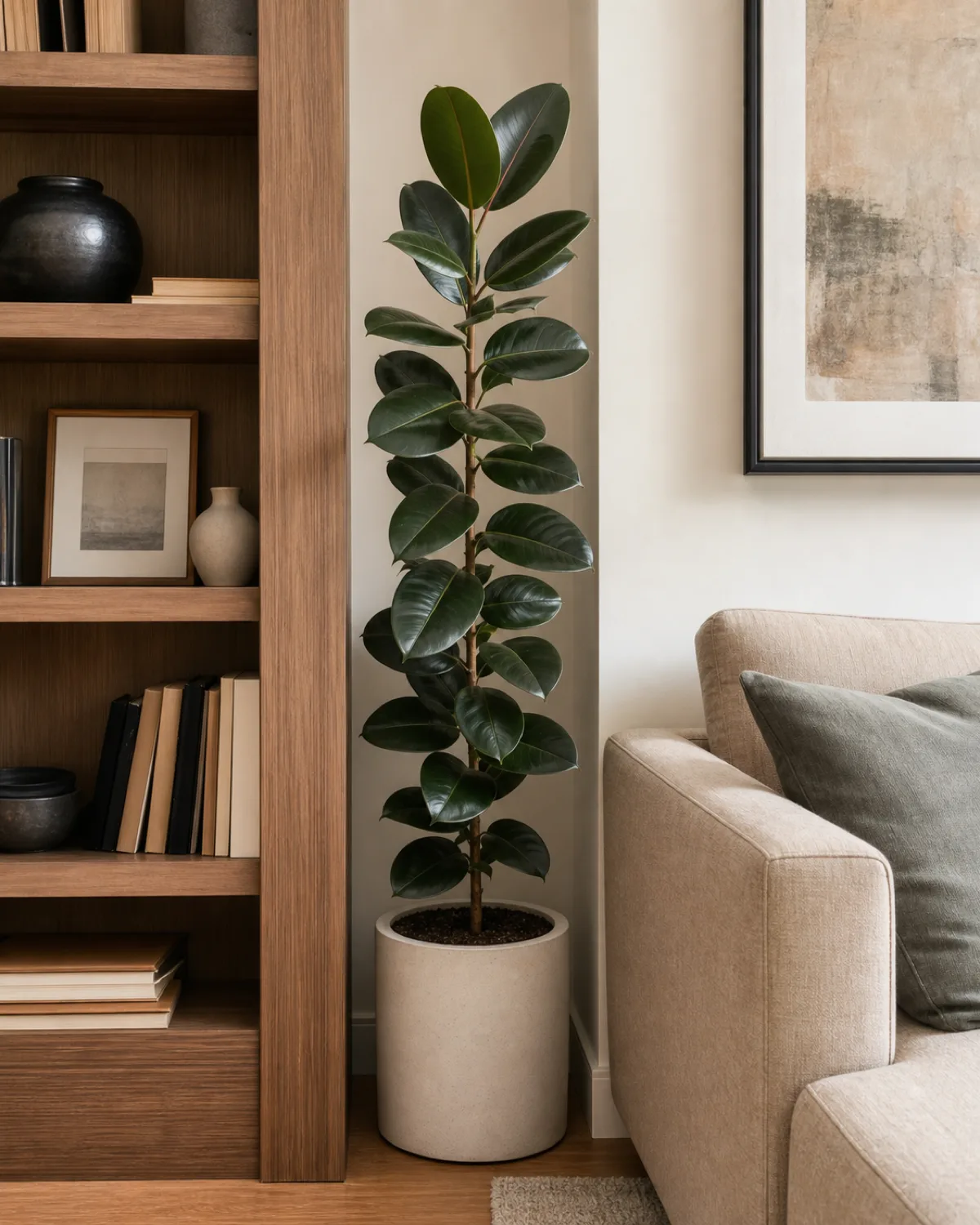 A rubber plant with thick glossy dark green oval leaves on a single narrow upright trunk fitting in a tight gap between a wooden bookcase and a beige armchair in a living room