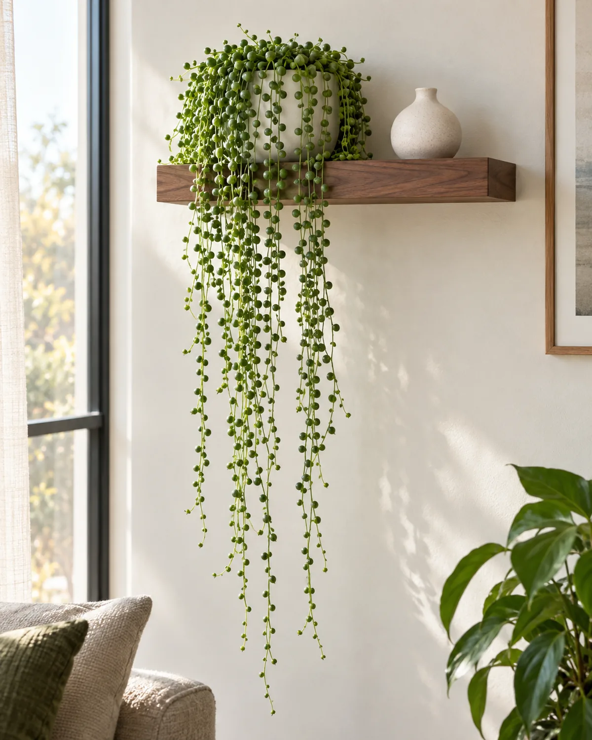 A string of pearls plant in a white ceramic pot on a floating walnut shelf beside a bright window, its bead-like chains cascading down the wall like a living curtain