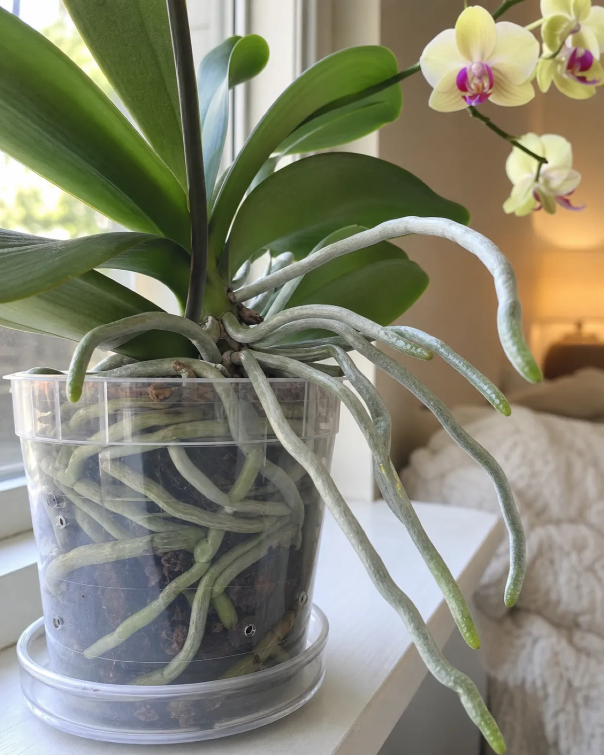 Close-up of healthy thick aerial orchid roots arching outward from a pot silvery-green and plump growing along the outside of a clear plastic pot