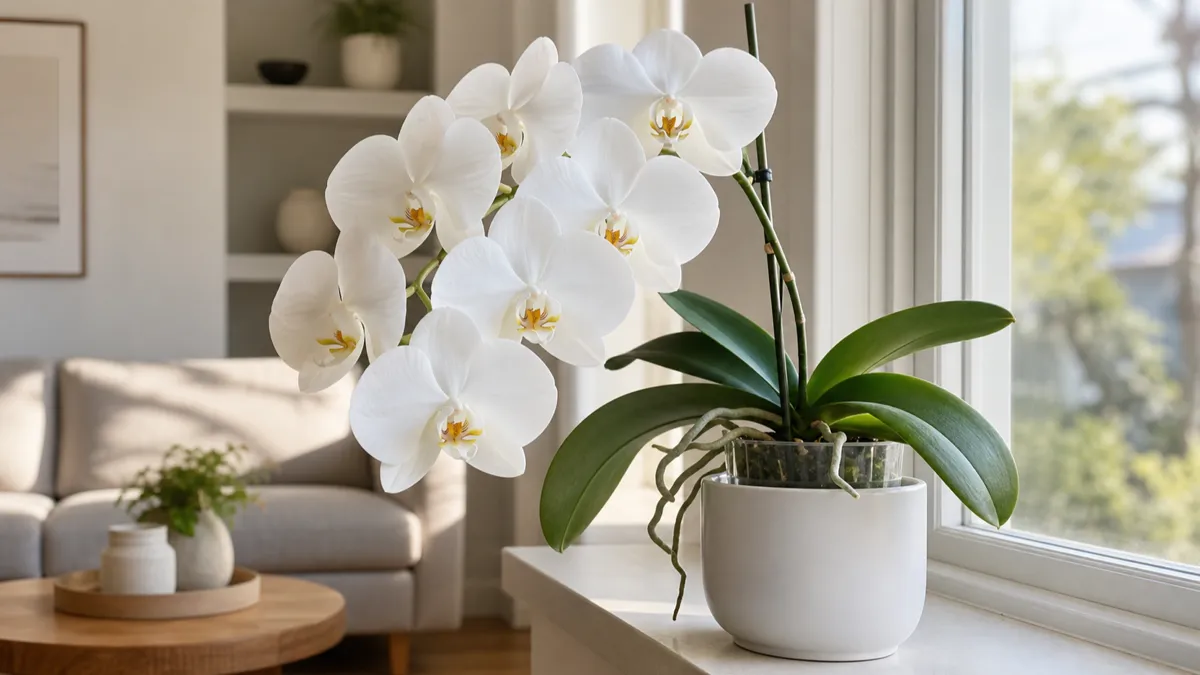 A stunning white Phalaenopsis orchid in full bloom with an arching spray of moth-shaped flowers on a bright windowsill in a modern living room
