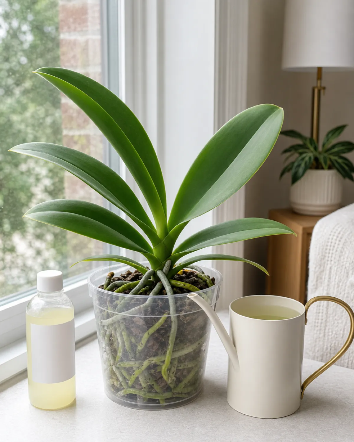 A small bottle of orchid fertilizer next to a Phalaenopsis in growth phase with healthy green leaves and a watering can showing diluted fertilizer solution