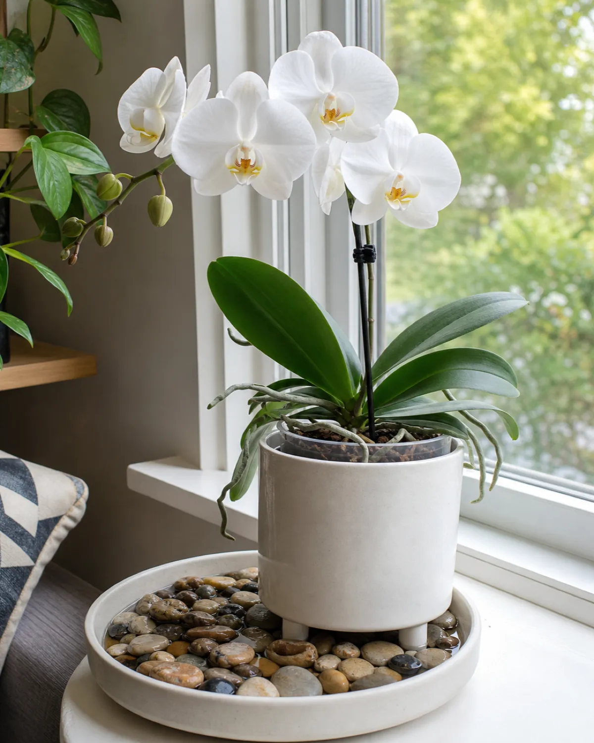 A Phalaenopsis orchid sitting on a pebble tray on a bright windowsill with a shallow tray filled with pebbles and water and the pot elevated above water line