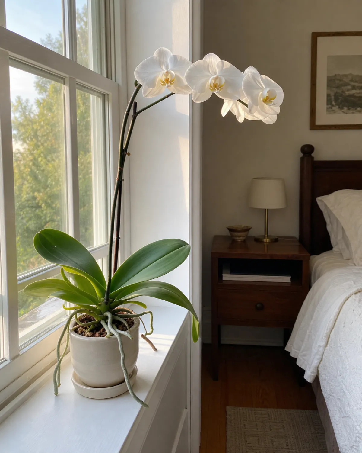A Phalaenopsis orchid on an east-facing windowsill with soft morning light illuminating the arching flower spray showing healthy medium-green leaves