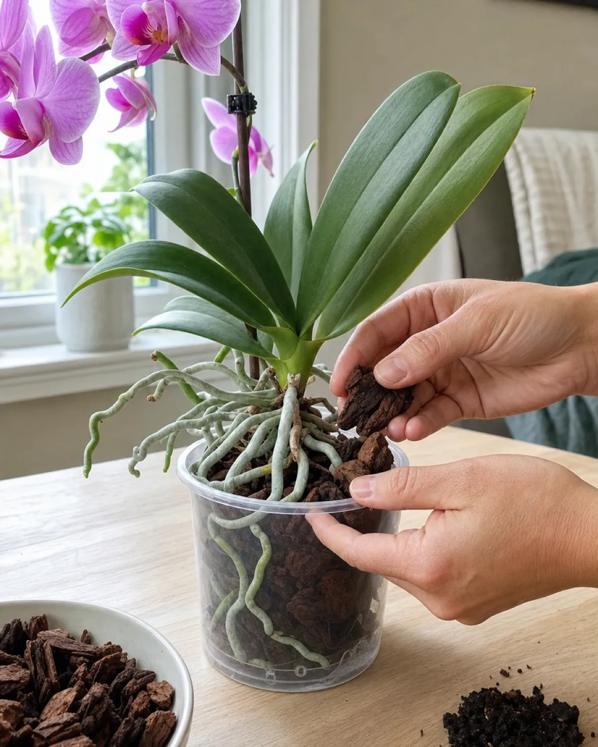 Hands carefully repotting an orchid into a clear plastic pot gently packing fresh bark around plump silver-green roots with old decomposed bark visible nearby
