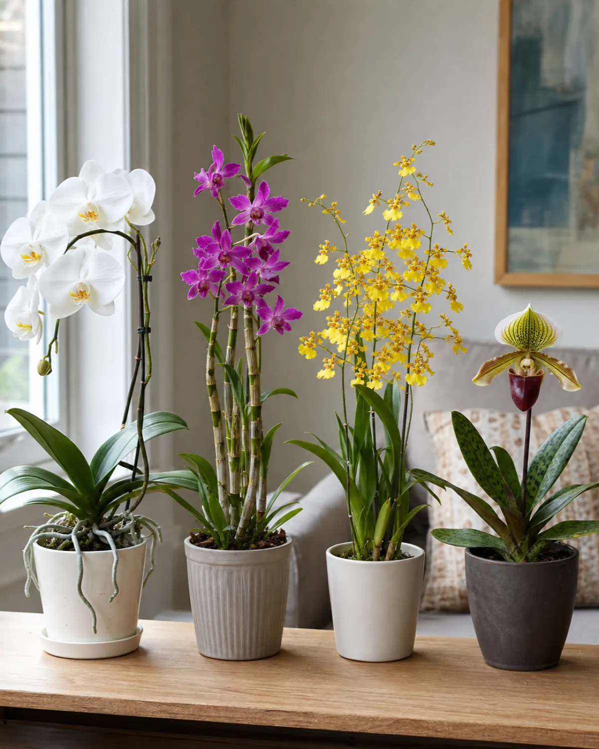Four different orchid genera in small pots: a white Phalaenopsis with moth-shaped flowers, a Dendrobium with clusters of smaller purple flowers, a yellow Oncidium, and a Paphiopedilum with a single pouch-shaped bloom