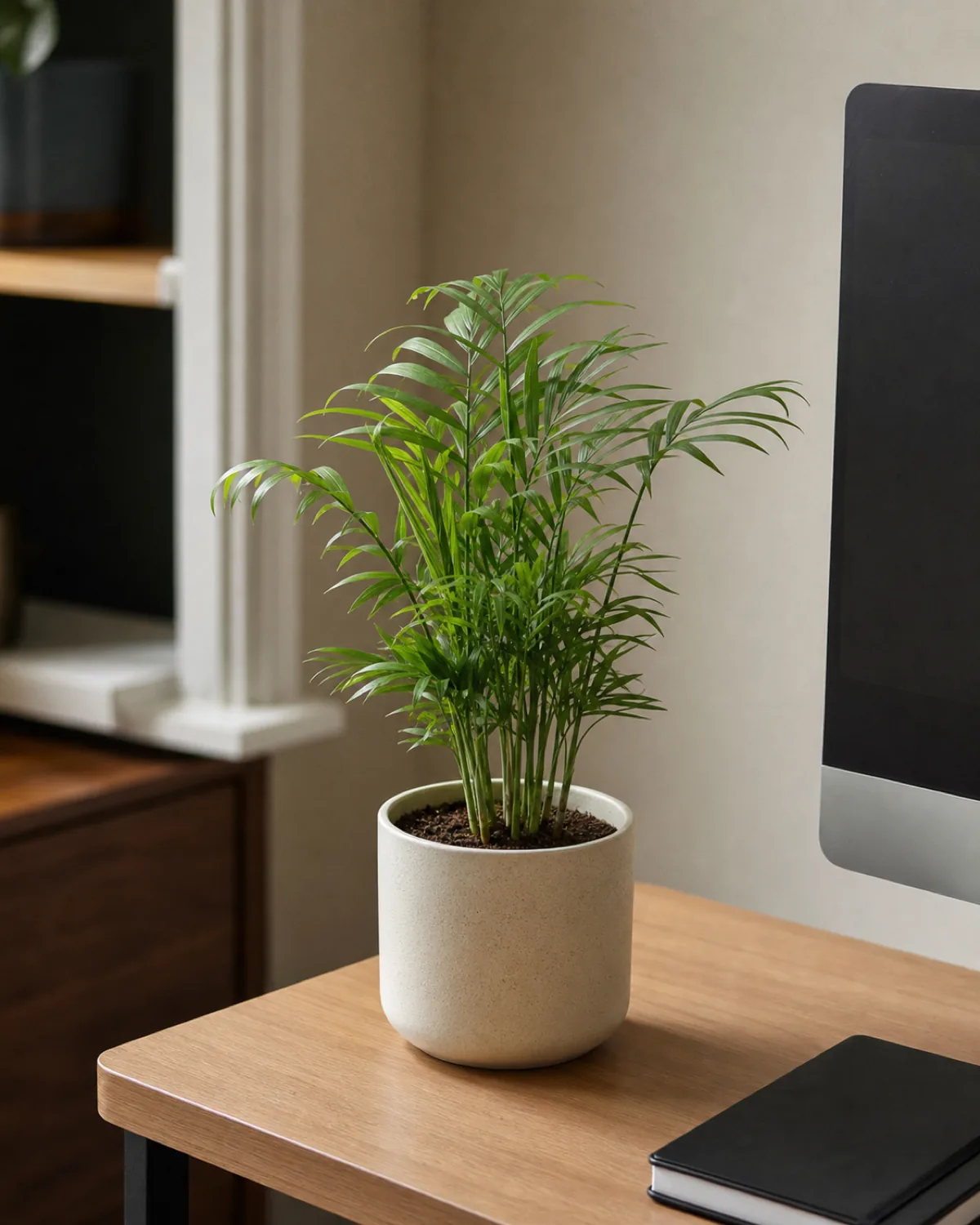 A compact, modestly sized parlor palm in a pot sitting on the corner of a real office desk near a computer monitor edge
