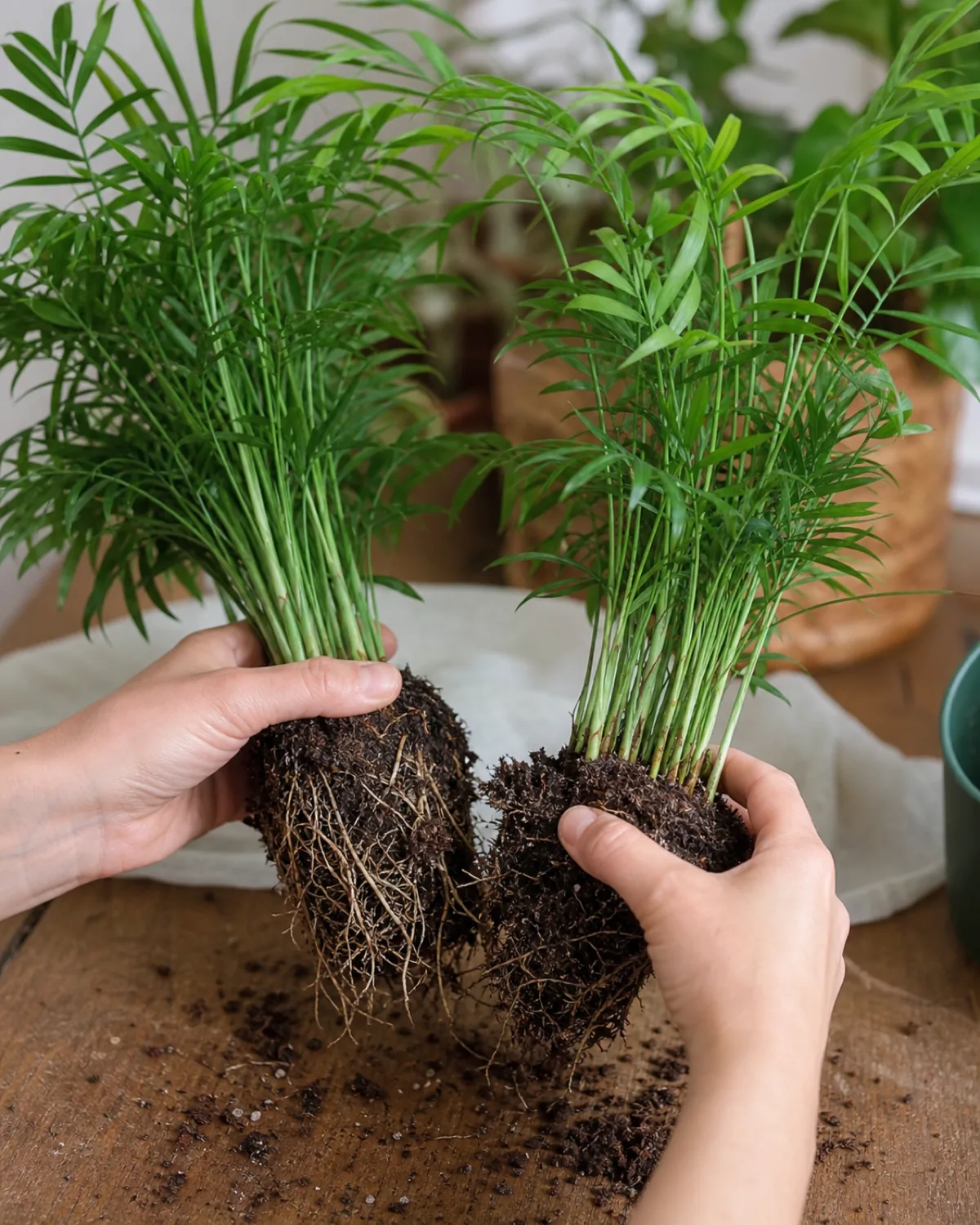 Two hands gently pulling apart a parlor palm's root clump into two separate clustered sections