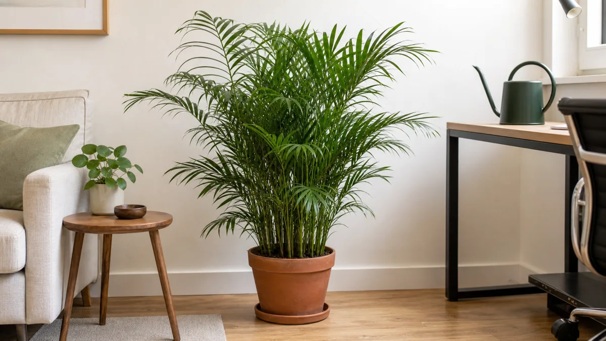 A full, healthy parlor palm with clustered bamboo-like canes and feathery arching fronds in a bright living room corner