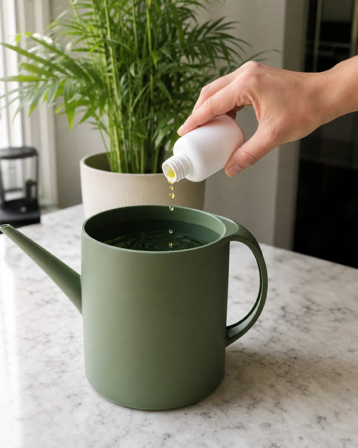 A hand pouring a few drops of liquid fertilizer from a small unbranded bottle into a generic watering can