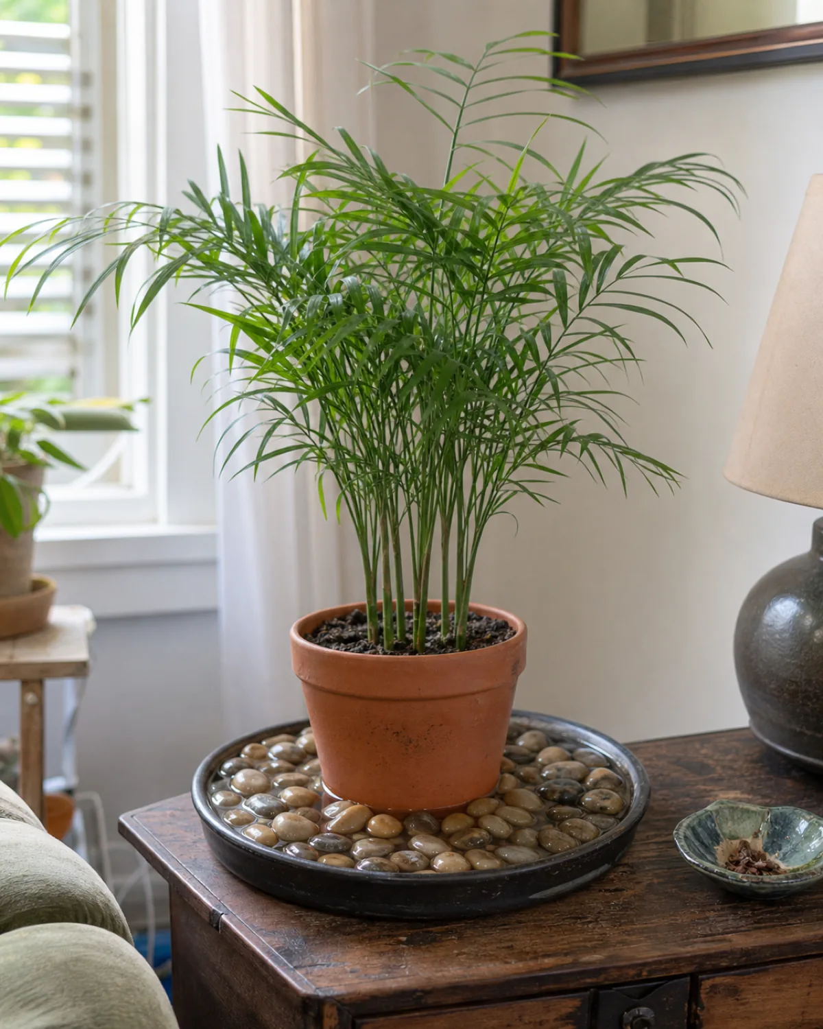 A parlor palm in its pot sitting on a shallow tray filled with pebbles and a little water for humidity