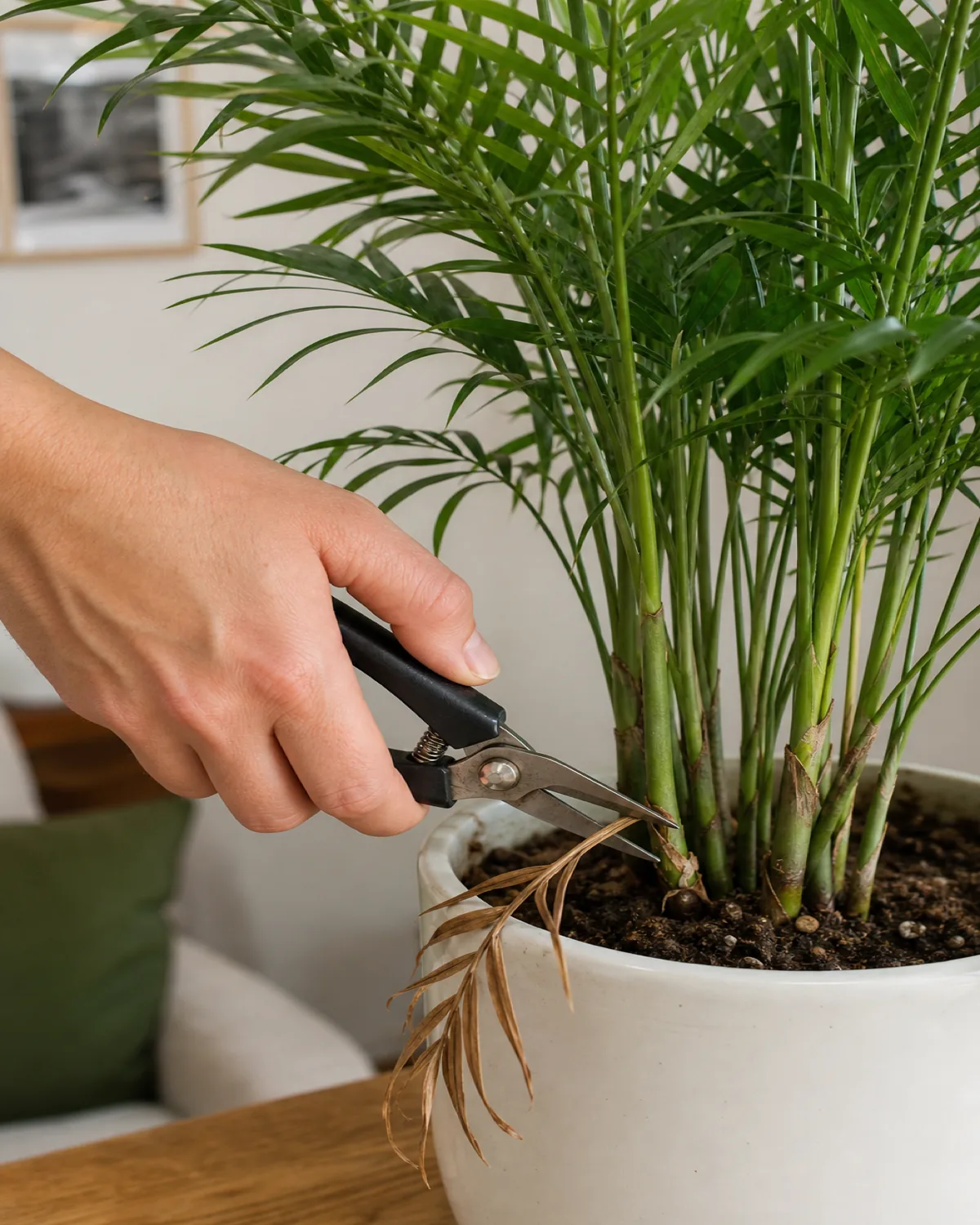 A hand using small clean pruning snips to cut a single fully brown frond at its base near the cane