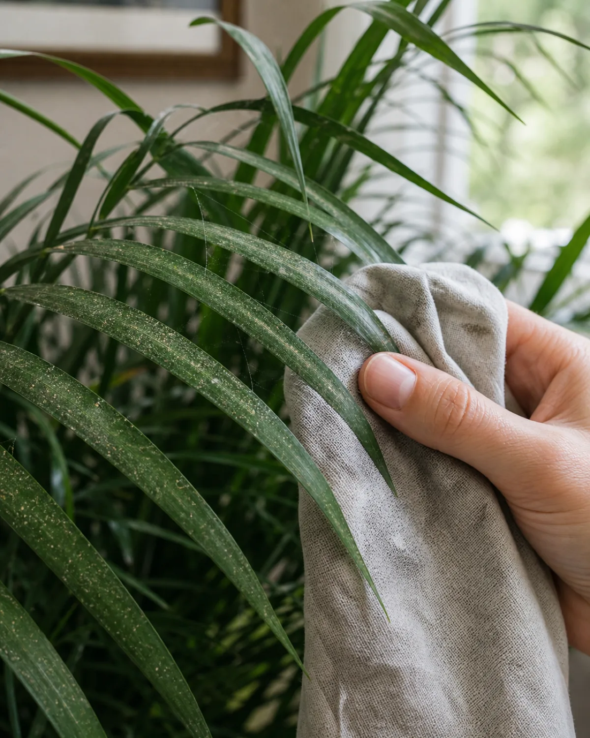 A parlor palm frond leaflet with faint fine webbing and stippled dusty speckling visible, a damp cloth resting nearby