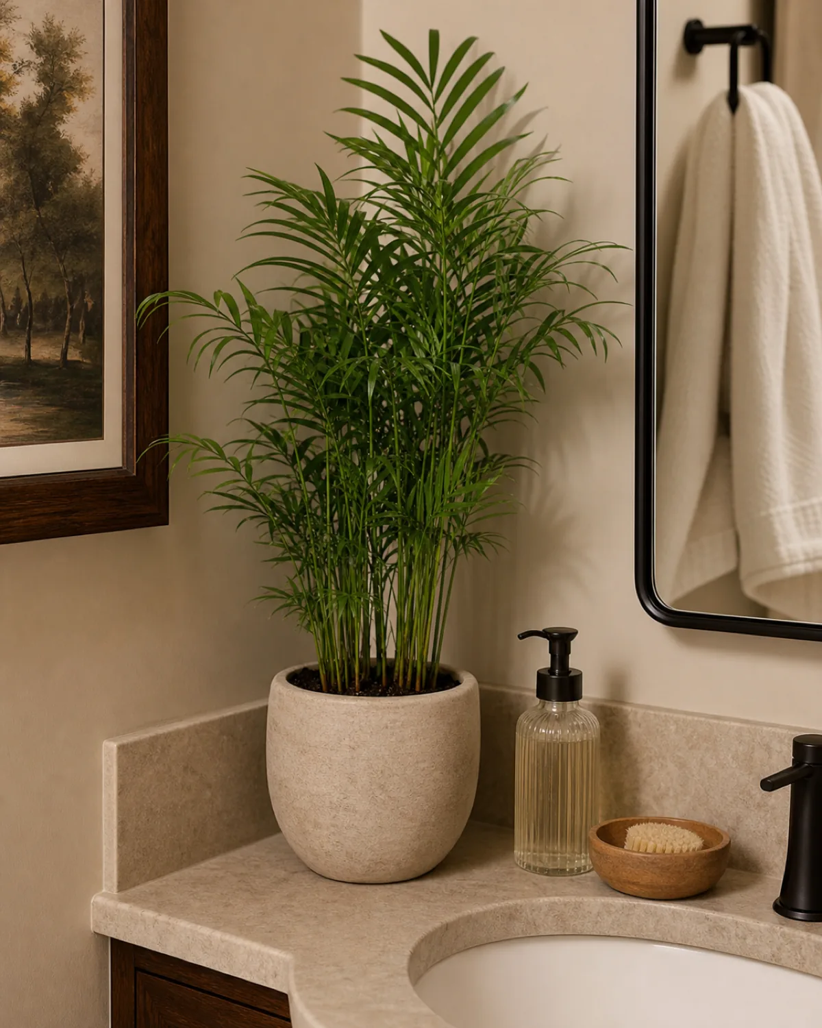 A parlor palm styled in a real windowless hallway corner or on a bathroom counter