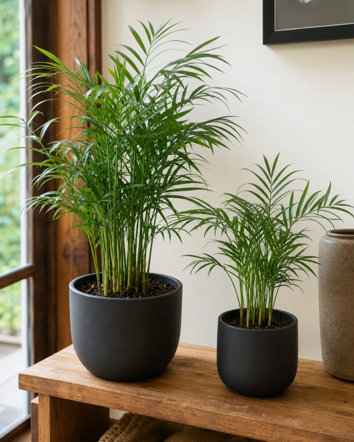 A parlor palm with slender closely clustered canes positioned beside a taller bamboo palm with more upright canes