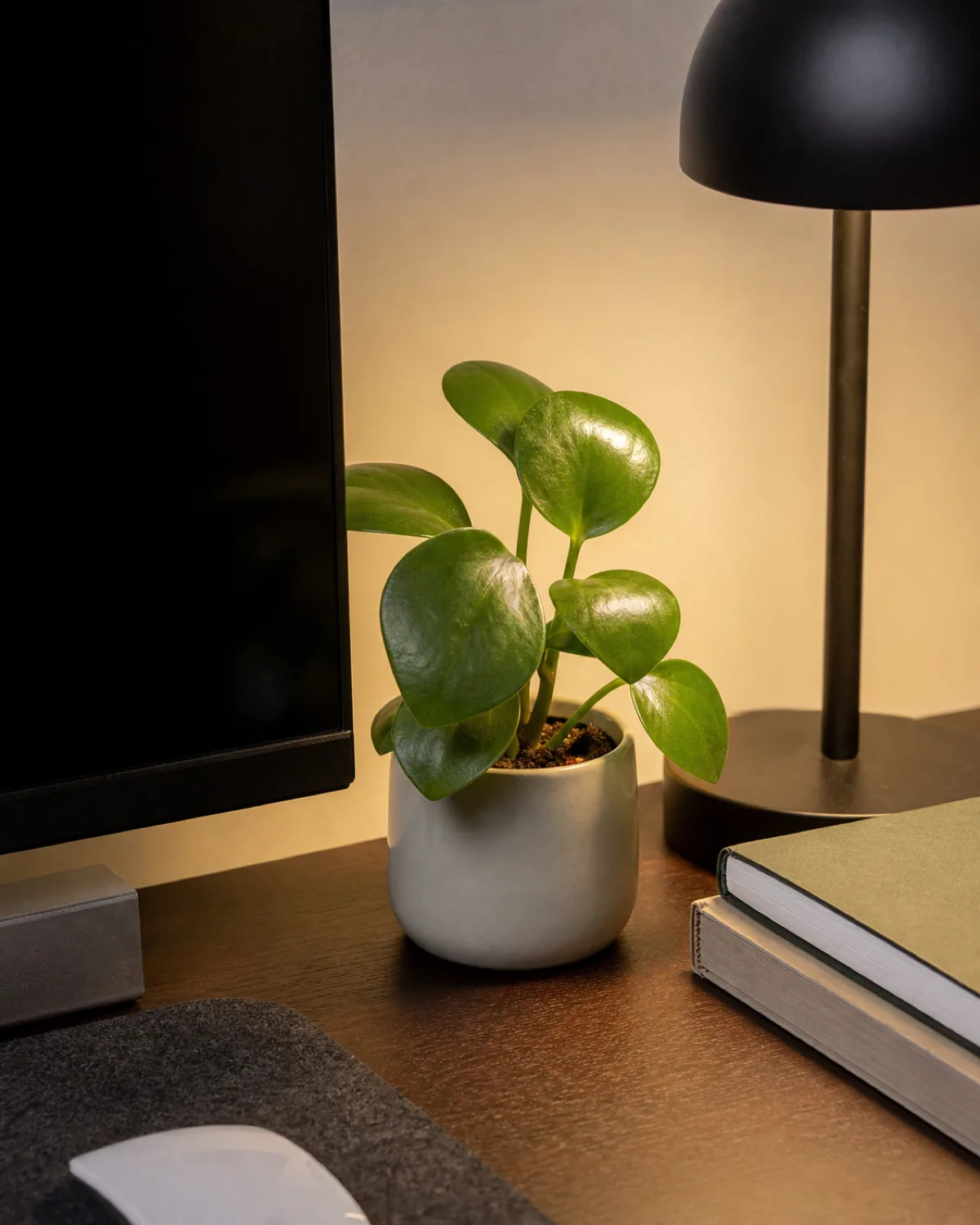 A Peperomia polybotrya raindrop peperomia on a tidy office desk between a monitor and desk lamp, showing compact desk-plant scale
