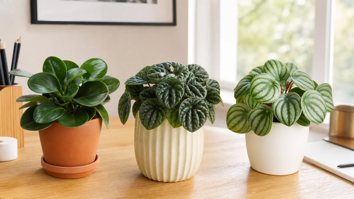 Three peperomia varieties on a bright wooden desk: obtusifolia with glossy dark green leaves, caperata with deeply ridged leaves, and argyreia with watermelon-striped leaves