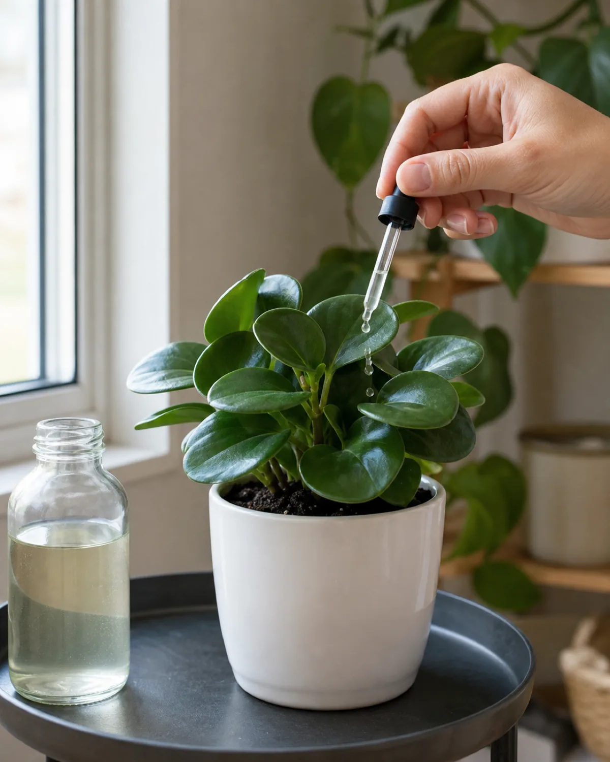 A hand using a glass dropper to add diluted fertilizer to a potted peperomia, showing the minimal feeding approach