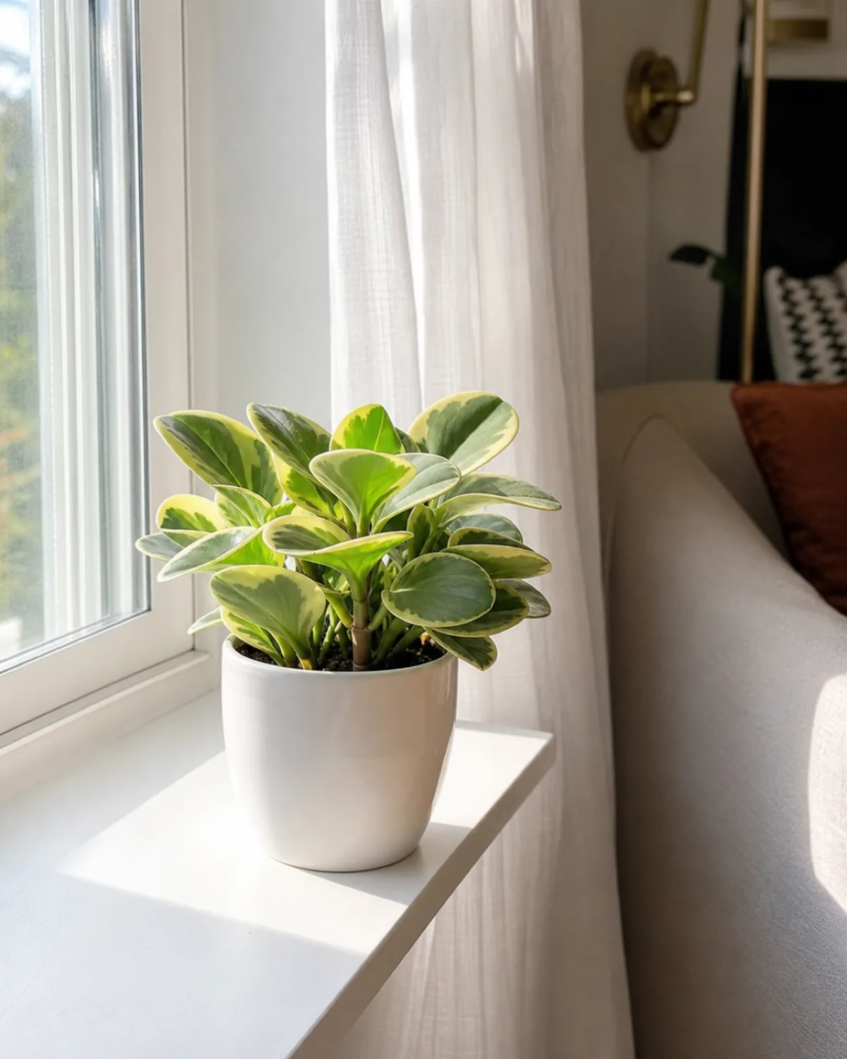 A Peperomia obtusifolia variegata on a bright windowsill with cream-and-green variegated leaves catching morning light through a sheer curtain