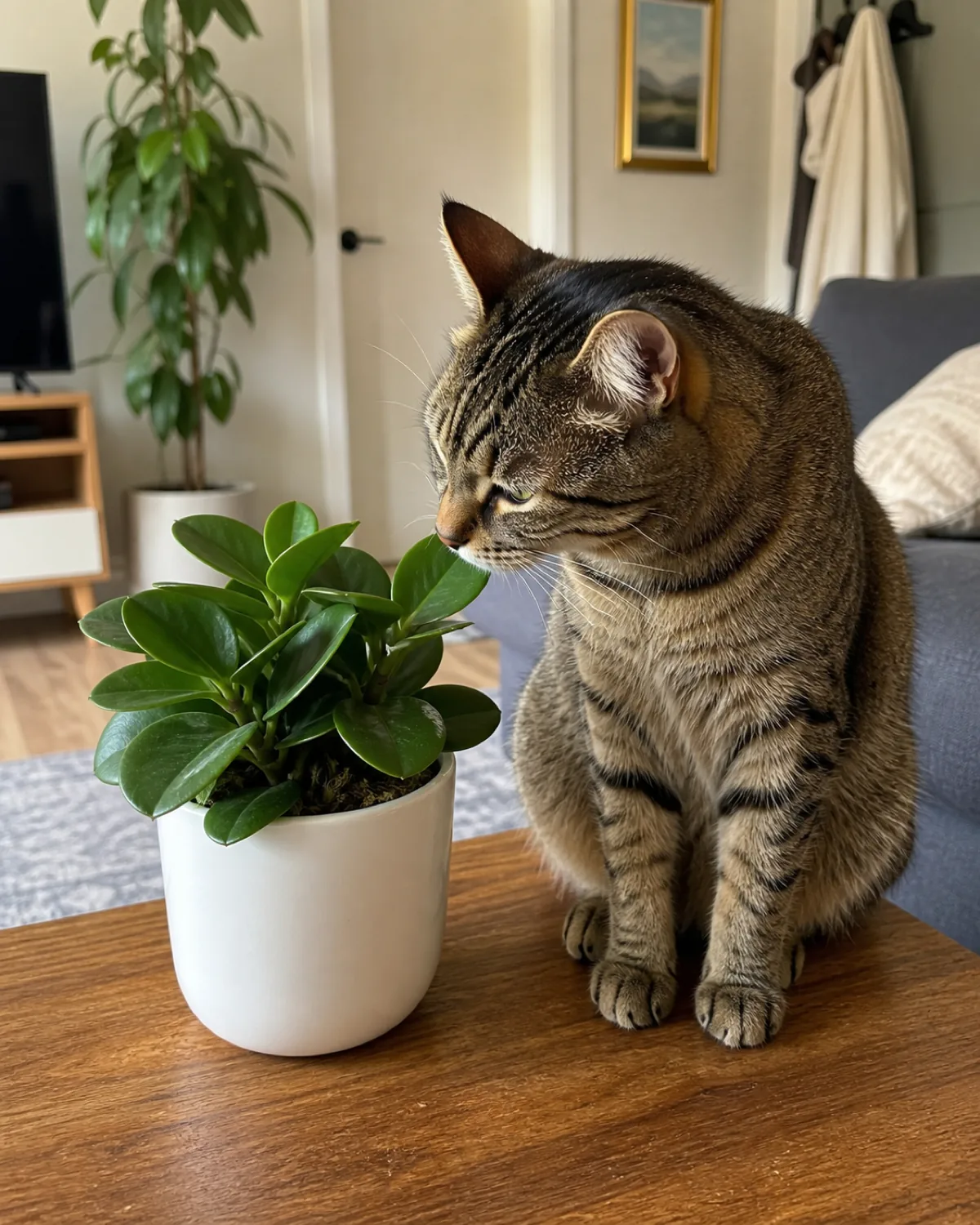 A Peperomia obtusifolia on a coffee table with a cat sitting next to it and gently sniffing a leaf, conveying safe coexistence