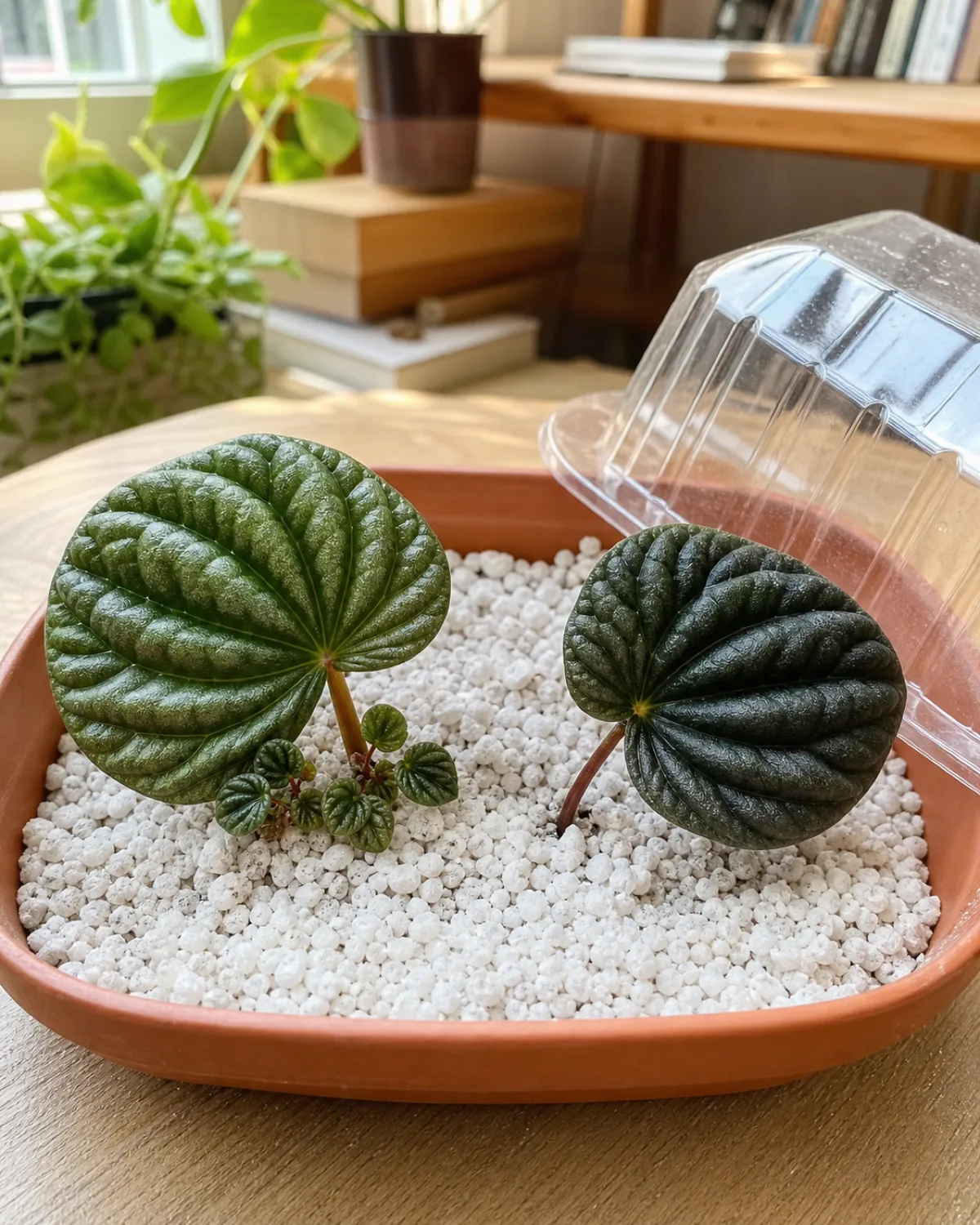 Peperomia caperata leaves with petioles inserted into moist perlite, one showing tiny baby plantlets emerging from its base